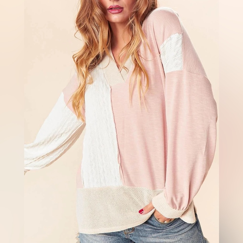 Women’s Pink, Taupe, & Ivory Color Block Cable Knit Patchwork Top, S/M/L - Picture 8 of 8
